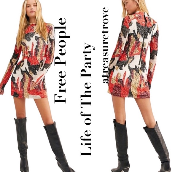 Free People Life of Party XS Red Black Flame Sequin Mini Dress - Picture 2 of 10